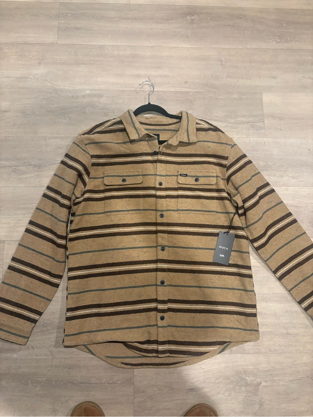 RVCA Beige and Brown Striped Casual Button-Down Shirt